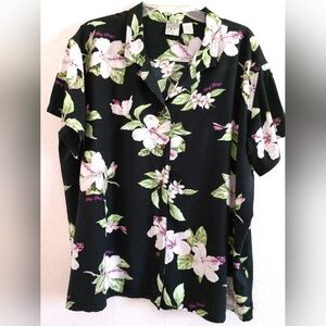 Big Dogs Women's Hawaiian Floral Flower Camp Shirt Black Pink 22 24 Chest 48"
